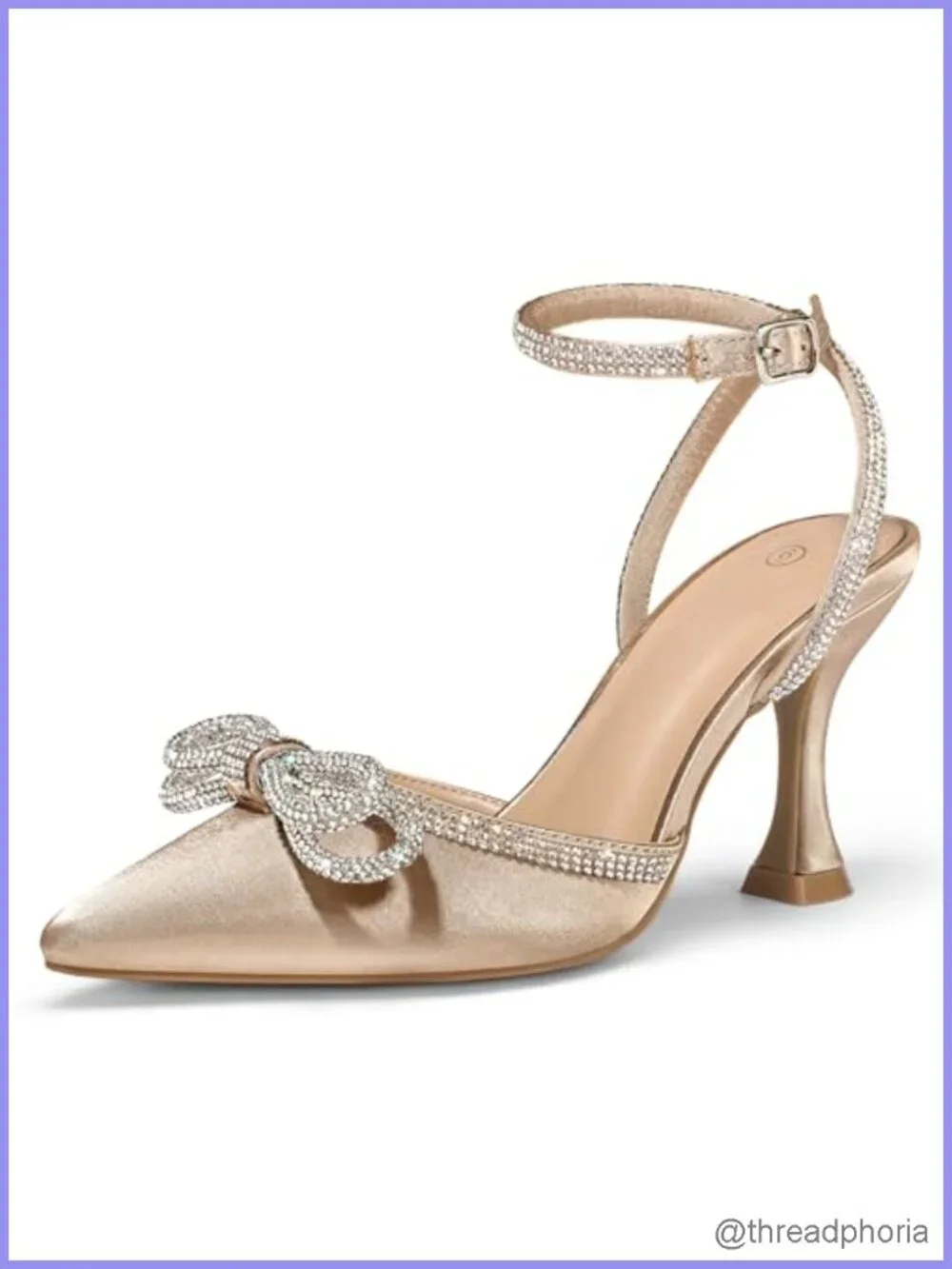 Women Kitten Heel Satin Rhinestone Bow Pumps Adjustable Ankle Strap Dress Shoes